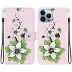 For iPhone 14 Pro Crystal Texture Colored Drawing Leather Phone Case(Blue Pansies)