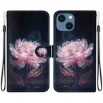 For iPhone 15 Crystal Texture Colored Drawing Leather Phone Case(Purple Peony)