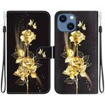 For iPhone 15 Crystal Texture Colored Drawing Leather Phone Case(Gold Butterfly Rose)