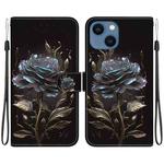 For iPhone 15 Crystal Texture Colored Drawing Leather Phone Case(Black Rose)