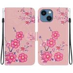 For iPhone 15 Crystal Texture Colored Drawing Leather Phone Case(Cherry Blossoms)