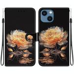 For iPhone 15 Plus Crystal Texture Colored Drawing Leather Phone Case(Gold Peony)