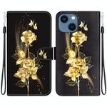 For iPhone 15 Plus Crystal Texture Colored Drawing Leather Phone Case(Gold Butterfly Rose)