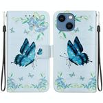 For iPhone 15 Plus Crystal Texture Colored Drawing Leather Phone Case(Blue Pansies)