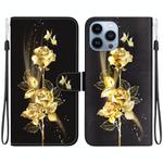 For iPhone 15 Pro Crystal Texture Colored Drawing Leather Phone Case(Gold Butterfly Rose)