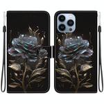 For iPhone 15 Pro Crystal Texture Colored Drawing Leather Phone Case(Black Rose)