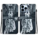 For iPhone 15 Pro Crystal Texture Colored Drawing Leather Phone Case(Cat Tiger Reflection)