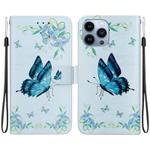 For iPhone 15 Pro Max Crystal Texture Colored Drawing Leather Phone Case(Blue Pansies)