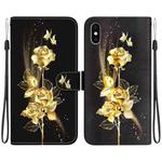 For iPhone XS / X Crystal Texture Colored Drawing Leather Phone Case(Gold Butterfly Rose)