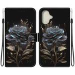 For iPhone 16 Crystal Texture Colored Drawing Leather Phone Case(Black Rose)