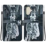For iPhone 16 Crystal Texture Colored Drawing Leather Phone Case(Cat Tiger Reflection)