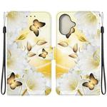 For iPhone 16 Crystal Texture Colored Drawing Leather Phone Case(Gold Butterfly Epiphyllum)