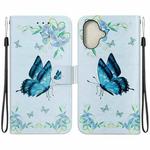 For iPhone 16 Crystal Texture Colored Drawing Leather Phone Case(Blue Pansies)