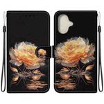 For iPhone 16 Plus Crystal Texture Colored Drawing Leather Phone Case(Gold Peony)
