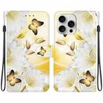 For iPhone 16 Pro Crystal Texture Colored Drawing Leather Phone Case(Gold Butterfly Epiphyllum)