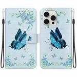 For iPhone 16 Pro Crystal Texture Colored Drawing Leather Phone Case(Blue Pansies)