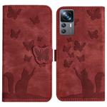 For Xiaomi 12T / 12T Pro Butterfly Cat Embossing Flip Leather Phone Case(Red)
