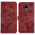 For Xiaomi Redmi Note 9 Butterfly Cat Embossing Flip Leather Phone Case(Red)