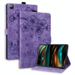 For Samsung Galaxy Tab A9+ Cartoon Sakura Cat Embossed Leather Tablet Case(Purple)