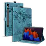 For Samsung Galaxy Tab S9 FE+ Cartoon Sakura Cat Embossed Leather Tablet Case(Green)