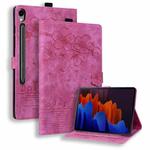 For Samsung Galaxy Tab S9 FE+ Cartoon Sakura Cat Embossed Leather Tablet Case(Rose Red)