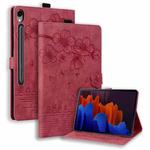 For Samsung Galaxy Tab S9 FE+ Cartoon Sakura Cat Embossed Leather Tablet Case(Red)