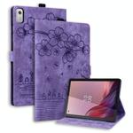 For Lenovo Tab M9 Cartoon Sakura Cat Embossed Leather Tablet Case(Purple)