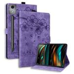 For Lenovo Xiaoxin Pad Pro 12.7 2025 Cartoon Sakura Cat Embossed Leather Tablet Case(Purple)