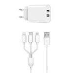 WIWU Wi-U003 Quick Series Dual USB Charger with 3 in 1 USB Charging Data Cable Set, EU Plug(White)