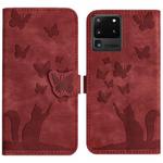For Samsung Galaxy S20 Ultra Butterfly Cat Embossing Flip Leather Phone Case(Red)