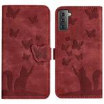 For Samsung Galaxy S21 5G Butterfly Cat Embossing Flip Leather Phone Case(Red)