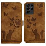 For Samsung Galaxy S21 Ultra 5G Butterfly Cat Embossing Flip Leather Phone Case(Brown)