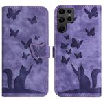For Samsung Galaxy S22 Ultra 5G Butterfly Cat Embossing Flip Leather Phone Case(Purple)