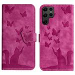 For Samsung Galaxy S22 Ultra 5G Butterfly Cat Embossing Flip Leather Phone Case(Pink)