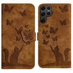 For Samsung Galaxy S22 Ultra 5G Butterfly Cat Embossing Flip Leather Phone Case(Brown)