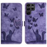 For Samsung Galaxy S23 Ultra 5G Butterfly Cat Embossing Flip Leather Phone Case(Purple)