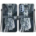 For Motorola Moto G51 Crystal Texture Colored Drawing Leather Phone Case(Cat Tiger Reflection)