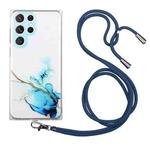 For Samsung Galaxy S24 Ultra 5G Hollow Marble Pattern TPU Shockproof Phone Case with Rope(Blue)