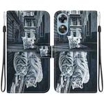 For OPPO A17 / A17K Crystal Texture Colored Drawing Leather Phone Case(Cat Tiger Reflection)