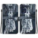 For OPPO Reno7 5G Global Crystal Texture Colored Drawing Leather Phone Case(Cat Tiger Reflection)