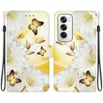 For OPPO Reno12 5G Global Crystal Texture Colored Drawing Leather Phone Case(Gold Butterfly Epiphyllum)