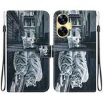 For Realme C55 Crystal Texture Colored Drawing Leather Phone Case(Cat Tiger Reflection)