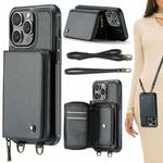 For iPhone 15 Pro Max JEEHOOD C22 Series Zipper Wallet Leather Phone Case with Dual Lanyard(Black)