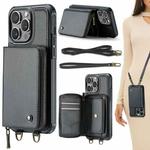 For iPhone 15 Pro JEEHOOD C22 Series Zipper Wallet Leather Phone Case with Dual Lanyard(Black)