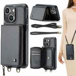 For iPhone 15 JEEHOOD C22 Series Zipper Wallet Leather Phone Case with Dual Lanyard(Black)