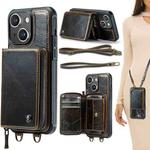 For iPhone 15 JEEHOOD C22 Series Zipper Wallet Leather Phone Case with Dual Lanyard(Coffee)