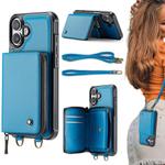 For iPhone 16 JEEHOOD C22 Series Zipper Wallet Leather Phone Case with Dual Lanyard(Blue)