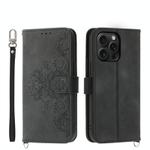 For iPhone 15 Pro Max Skin-feel Flowers Embossed Wallet Leather Phone Case(Black)