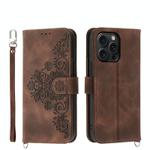 For iPhone 15 Pro Max Skin-feel Flowers Embossed Wallet Leather Phone Case(Brown)