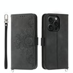 For iPhone 15 Pro Skin-feel Flowers Embossed Wallet Leather Phone Case(Black)